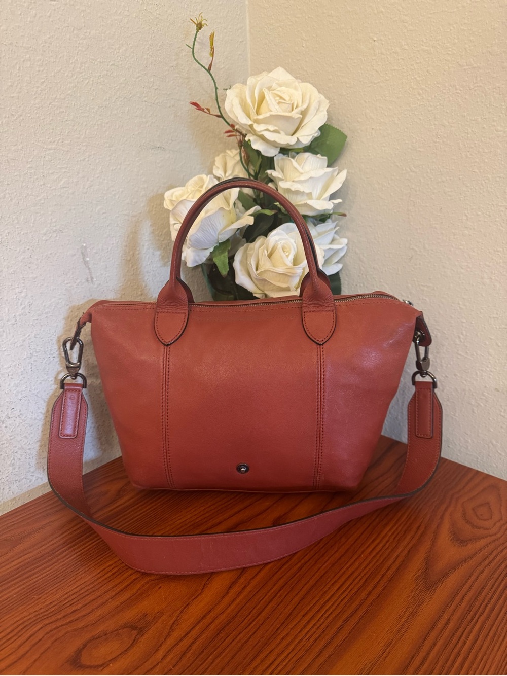 Longchamp Terracotta Leather Top-Handle Shoulder Bag